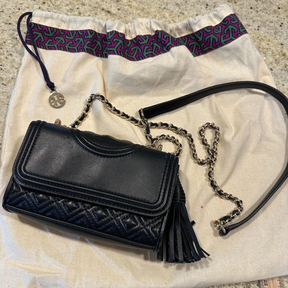 Tory Burch mini Fleming leather black shoulder bag, 6"x3.5"x2"